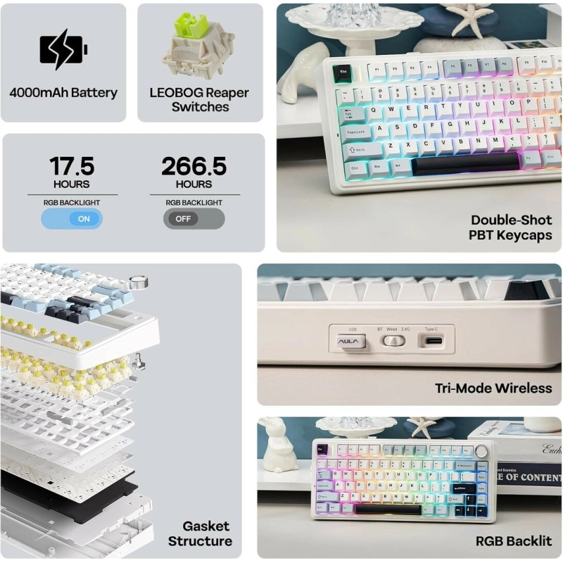 AULA F75 MAX 75% mexaniki klaviatura RGB işıqlandırma və Gasket Mount ilə.